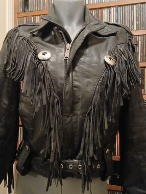 ICS,‎ Black Leather Fringe Jacket.womens Sz.M